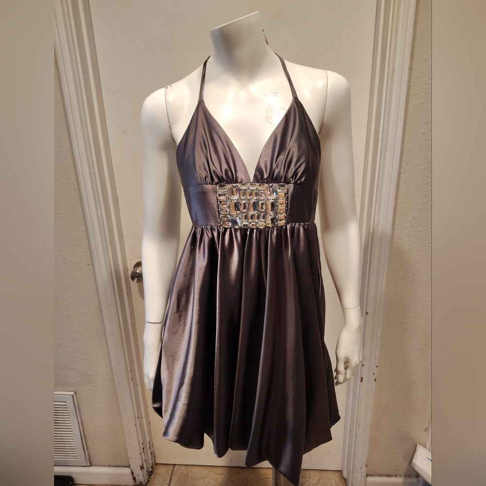 Cache Gray Satin Halter Neck Embellished Bubble Hem Babydoll Y2K Dress -2 Party